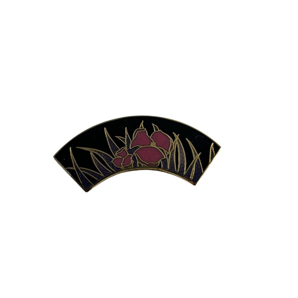 Vintage Isle of Skye Enamel Fan Brooch Pink Flowers Black Gold Tone Pin